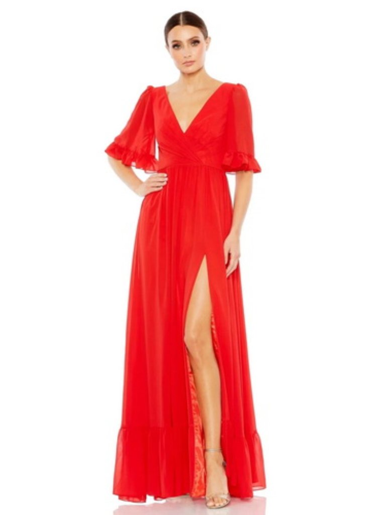 Ieena Mac Duggal Red Ruffle Trim Faux Wrap A-Line Gown